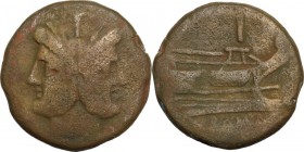 Anchor series. AE As, 169-158 BC. Obv. Head of Janus, laureate; above, mark of value. Rev. Prow right; above, mark of valule; [to right, anchor]. Cr. ...