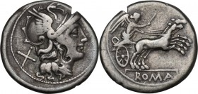 Anonymous. AR Denarius, 157-156 BC. Obv. Head of Roma right, helmeted. Rev. Victory in biga right, holding reins and goad. Cr. 197/1a. AR. 3.67 g. 18....