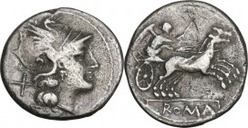 Anonymous. AR Denarius, 157-156 BC. Obv. Head of Roma right, helmeted. Rev. Victory in biga right, holding reins and whip. Cr. 197/1b. AR. 3.38 g. 18....