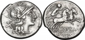 Spurius Afranius. AR Denarius, 150 BC. Obv. Helmeted head of Roma right, X behind. Rev. Victory in biga right, SAFRA below horses, ROMA in exergue. Cr...