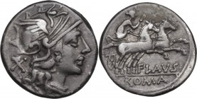Decimius Flavus. AR Denarius, 150 BC. Obv. Helmeted head of Roma right; behind, X. Rev. Diana in biga right; below horses, FLAVS; in exergue, ROMA. Cr...