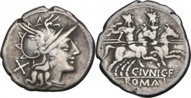 C. Iunius C.f. AR Denarius, 149 BC. Obv. Helmeted head of Roma right, behind, X. Rev. The Dioscuri galloping right; below horses, C. IVNI. C.F; in exe...
