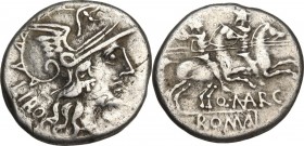Q. Marcius Libo. AR Denarius, 148 BC. Obv. Head of Roma right, helmeted. Rev. Dioscuri galloping right. Cr. 215/1. AR. 3.15 g. 18.00 mm. VF.