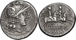 L. Sempronius Pitio. AR Denarius, 148 BC. Obv. Helmeted head of Roma right; behind, PITIO; before, X. Rev. Dioscuri galloping right; below, L.SEMP; in...