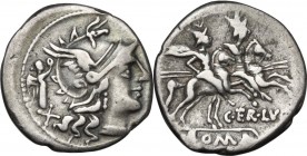 C. Terentius Lucanus. AR Denarius, 147 BC. Obv. Head of Roma right, helmeted; behind, Victory holding wreath. Rev. Dioscuri galloping right. Cr. 217/1...