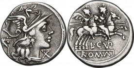 L. Cupiennius. AR Denarius, 147 BC. Obv. Helmeted head of Roma right; below chin, X; behind, cornucopiae. Rev. The Dioscuri galloping right; below hor...