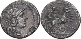 C. Titinius. AR Denarius, 141 BC. Obv. Helmeted head of Roma right; behind, XVI. Rev. Victory in biga right, holding whip and reins; below, C.TITINI; ...