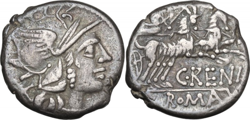 C. Renius. AR Denarius, 138 BC. Obv. Head of Roma right, helmeted. Rev. Juno in ...