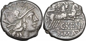 C. Renius. AR Denarius, 138 BC. Obv. Head of Roma right, helmeted. Rev. Juno in biga of goats right, holding reins, scepter und whip. Cr. 231/1. AR. 3...