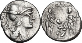 Tiberius Veturius. AR Denarius, 137 BC. Obv. Bust of Mars right, helmeted, draped. Rev. Oath taking scene: two soldiers standing facing each other, ho...