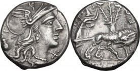 Sex. Pompeius Fostlus. AR Denarius, 137 BC. Obv. Helmeted head of Roma right; below chin, X; behind, jug. Rev. SEX. PO FOSTLVS. She-wolf suckling twin...