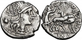 Sextus Pompeius. AR Denarius, 137 BC. Obv. Head of Roma right, helmeted; behind, jug. Rev. She-wolf standing right, suckling twins, head turned back t...