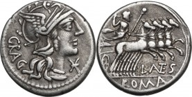 L. Antestius Gragulus. AR Denarius, 136 BC. Obv. Helmeted head of Roma right; below chin, X; behind, GRAG. Rev. Jupiter in fast quadriga right, hurlin...