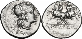 C. Servilius M.f. AR Denarius, 136 BC. Obv. Head of Roma right, helmeted; behind, wreath. Rev. Dioscuri galloping in opposite directions. Cr. 239/1. A...