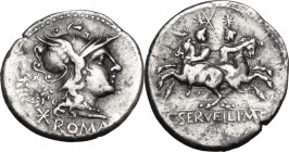 C. Servilius M.f. AR Denarius, 136 BC. Obv. Helmeted head of Roma right; behind, wreath; below, X and ROMA. Rev. The Dioscuri galloping in opposite di...
