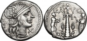 C. Minucius Augurinus. AR Denarius, 135 BC. Obv. Head of Roma right, helmeted. Rev. Spiral column with statue holding staff on top, flanked by corn ea...