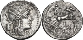 M. Marcius Mn. f. AR Denarius, 134 BC. Obv. Head of Roma right, helmeted; behind, modius. Rev. Victory in biga right, holding reins and whip; below, t...