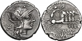 P. Maenius Antiaticus M. f. AR Denarius, 132 BC. Obv. Helmeted head of Roma right; behind, X. Rev. Victory in quadriga right, holding reins and palm-b...