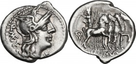 Q. Caecilius Metellus. AR Denarius, 130 BC. Obv. Head of Roma right, helmeted. Rev. Jupiter in quadriga right, holding reins, branch and thunderbolt. ...