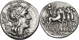 M. Vargunteius. AR Denarius, 130 BC. Obv. Head of Roma right, helmeted. Rev. Jupiter in quadriga right, holding thunderbolt and branch. Cr. 257/1. AR....