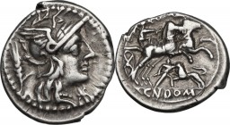 Cn. Domitius Ahenobarbus. AR Denarius, 128 BC. Obv. Head of Roma right, helmeted. Rev. Victory in biga right, holding reins and whip; below, warrior f...