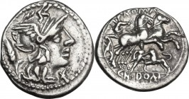 Cn. Domitius. AR Denarius, 128 BC. Obv. Head of Roma right, helmeted. Rev. Victory in biga right, holding reins and whip; below, warrior fighting lion...