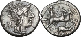 L. Caecilius Metellus. AR Denarius, 128 BC. Obv. Head of Roma right, helmeted. Rev. Goddess in biga right, holding branch and scepter; below, head of ...