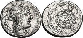 M. Caecilius Metellus. AR Denarius, 127 BC. Obv. Head of Roma right, helmeted. Rev. Macedonian shield with head of elephant in the center, all within ...