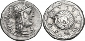 M. Caecilius Q. f. Q. n. Metellus. AR Denarius, 127 BC. Obv. Head of Roma right, helmeted. Rev. Macedonian shield with head of elephant in the center,...
