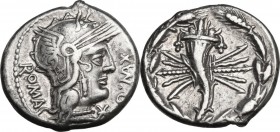 Q. Fabius Maximus. AR Denarius, 127 BC. Obv. Head of Roma right, helmeted. Rev. Cornucopiae on thunderbolt, all in wreath of corn-ears. Cr. 265/1. AR....