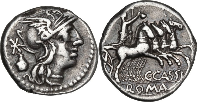 C. Cassius. AR Denarius, 126 BC. Obv. Head of Roma right. Rev. Liberty in quadri...