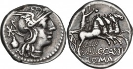 C. Cassius. AR Denarius, 126 BC. Obv. Head of Roma right. Rev. Liberty in quadriga right; below horses, C. CASSI; in exergue, ROMA. Cr. 266/1; B. 1. A...
