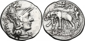 C. Caecilius Metellus Caprarius. AR Denarius, 125 BC. Obv. Head of Roma right, wearing Phrygian helmet. Rev. Jupiter in biga of elephants left, holdin...