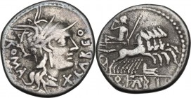Q. Fabius Labeo. AR Denarius, circa 124 BC. Obv. Helmeted head of Roma right; behind, ROMA downwards; before, X and LABEO upwards. Rev. Jupiter in qua...