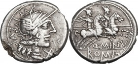 Q. Minucius Rufus. AR Denarius, 122 BC. Obv. Helmeted head of Roma right; behind, RVF; below chin, X. Rev. The Dioscuri galloping right; below, Q·MINV...