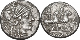 C. Plutius. AR Denarius, 121 BC. Obv. Head of Roma right, helmeted. Rev. Dioscuri galloping right. Cr. 278/1. AR. 3.78 g. 17.00 mm. Old cabinet tone. ...