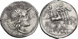 M. Tullius. AR Denarius, 120 BC. Obv. Head of Roma right, helmeted. Rev. Victory in quadriga right, holding reins and palm; above, wreath. Cr. 280/1. ...