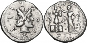 M. Furius L. f. Philus. AR Denarius, 119 BC. Obv. Head of Janus, laureate. Rev. Roma standing left, holding scepter and crowning trophy flanked by car...