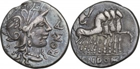 Cn. Domitius Ahenobarbus. AR Denarius, 116-115 BC. Obv. Head of Roma right, helmeted. Rev. Jupiter in quadriga right, holding thunderbolt and branch. ...
