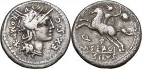 M. Sergius Silus. AR Denarius, 116-115 BC. Obv. Head of Roma right, helmeted. Rev. Horseman prancing left, holding sword and severed head. Cr. 286/1. ...