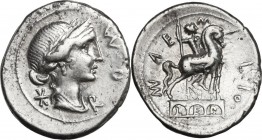 Mn. Aemilius Lepidus. AR Denarius, 114-113 BC. Obv. Bust of Roma (?) right, diademed, draped. Rev. Equestrian statue on triumphal arch with three open...