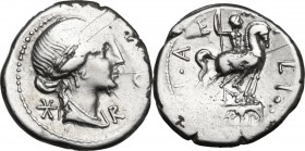 Mn. Aemilius Lepidus. AR Denarius, 114 or 113 BC. Obv. Bust of Roma (?) right, diademed, draped. Rev. Equestrian statue on triumphal arch with three o...