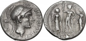 Cn. Cornelius Blasio. AR Denarius, 112-111 BC. Obv. Helmeted head of Mars right; above, X with central bar; behind, tripod; before, CN·BLASIO·CN·F. Re...