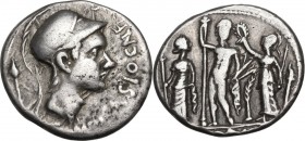 Cn. Cornelius Blasio. AR Denarius, 112-111 BC. Obv. Helmeted head right (Scipio Africanus the Elder or Blasio?), X above, CN. BLASIO. CN.F. before and...