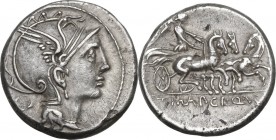 T. Manlius Mancinus, Appius Claudius Pulcher and Q. Urbinius. AR Denarius, 111-110 BC. Obv. Helmeted head of Roma right; behind, quadrangular device. ...