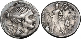 L. Valerius Flaccus. AR Denarius, 108-107 BC. Obv. Draped bust of Victory right; below chin, X. Rev. L. VALERI/FLACCI. Mars walking left, holding spea...