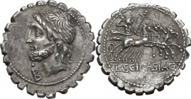 L. Scipio Asiagenus. AR Denarius serratus, 106 BC. Obv. Head of Jupiter left, laureate; below chin, dot and B. Rev. Jupiter in quadriga right, hurling...