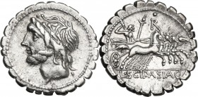 L. Cornelius Scipio Asiagenus. AR Denarius serratus, 106 BC. Obv. Head of Jupiter left, laureate. Rev. Jupiter in quadriga right, hurling thunderbolt ...