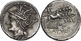 L. Appuleius Saturninus. AR Denarius, 104 BC. Obv. Helmeted head of Roma left. Rev. Saturn in quadriga right; below, dot and D; in exergue, L·SATVRN. ...