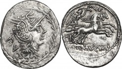 M. Lucilius Rufus. AR Denarius, 101 BC. Obv. Head of Roma left, helmeted, within wreath. Rev. Victory in biga left, holding reins and whip. Cr. 324/1....